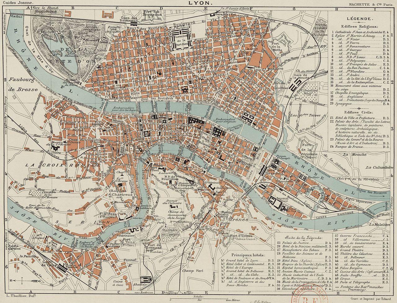 1913 Vintage Map of Lyon